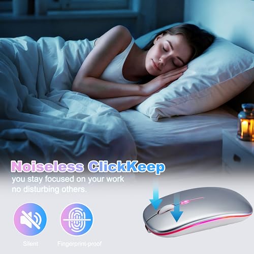 Wireless Bluetooth Mouse Rechargeable Long Lasting Dual Mode - BT 5.2 & 2.4G Silent RGB LED Mice, Slim Portable Ergonomic Mouse for Laptop/PC/Tablet/MacBook/iPad/Apple Devices (Silver) - color: Silver