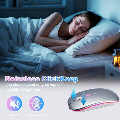 Wireless Bluetooth Mouse Rechargeable Long Lasting Dual Mode - BT 5.2 & 2.4G Silent RGB LED Mice, Slim Portable Ergonomic Mouse for Laptop/PC/Tablet/MacBook/iPad/Apple Devices (Silver) - color: Silver