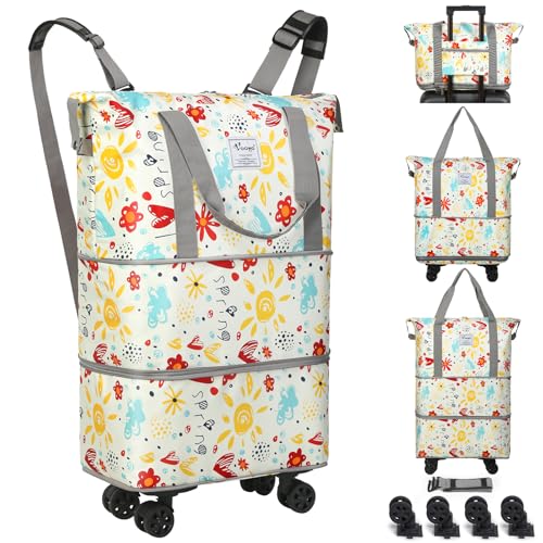 VOOWO Rolling Duffel Bag with Wheels - Foldable Expandable Duffle Bag with Wheels for Travel, Rolling Luggage Bag Carry On Bag with Wheel, Large Rolling Backpack Weekend Bag for Men Women (Flower) - color: Flower
