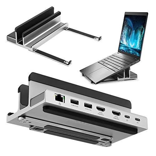 7 Port USB-C 14” Laptop Stand with Dual Display Docking Station | Tablet Holder Hub, Vertical Storage Desk Organizer/ HDMI 8K30Hz, USB-A 5Gbps, Ethernet 1Gbps, 100W Power Delivery, Space Gray