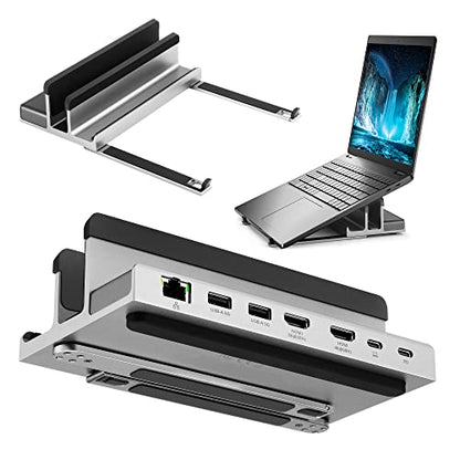 7 Port USB-C 14” Laptop Stand with Dual Display Docking Station | Tablet Holder Hub, Vertical Storage Desk Organizer/ HDMI 8K30Hz, USB-A 5Gbps, Ethernet 1Gbps, 100W Power Delivery, Space Gray