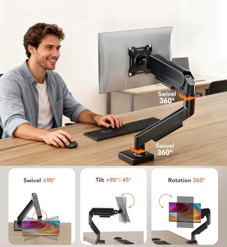 Single Monitor Mount, Gas Spring Arm for 17-32 inch Screens Adjustable Monitor Stand, Vesa Mount Stand with Clamp and Grommet Aluminum Base - Fits 4.4 to 22lbs LCD Computer Monitors HD09B-001 - size: Single monitor arm