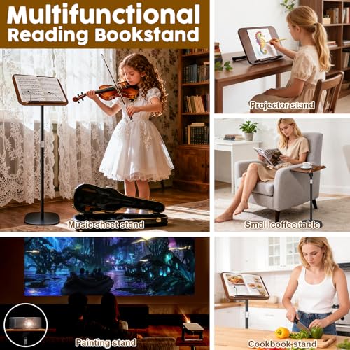 2 in 1 Dual-use Music Stand & Desktop Book Stand, Adjustable Height 16.5"-51", 100% Solid Wood Laptop Floor Stand Book Holder with Elastic Page Clips for Cookbooks (Black Walnut) - color: Black Walnut