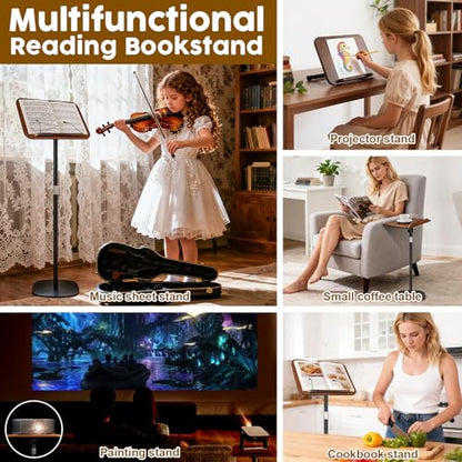 2 in 1 Dual-use Music Stand & Desktop Book Stand, Adjustable Height 16.5"-51", 100% Solid Wood Laptop Floor Stand Book Holder with Elastic Page Clips for Cookbooks (Black Walnut) - color: Black Walnut