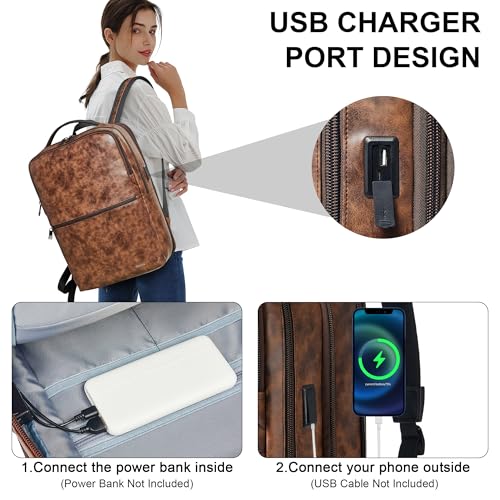 Vegan Leather Laptop Backpack for Women and Men Fits 16 Inch Laptop | Water Resistant,28L Expandable Computer Backpack Purse,USB Charging Port,Travel Work Business College Teacher Nurse - color: Two-toned Brown