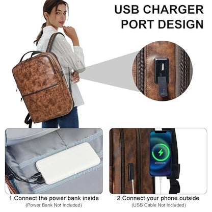 Vegan Leather Laptop Backpack for Women and Men Fits 16 Inch Laptop | Water Resistant,28L Expandable Computer Backpack Purse,USB Charging Port,Travel Work Business College Teacher Nurse - color: Two-toned Brown