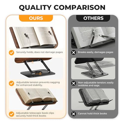 Book Stand for Reading, Adjustable Book Holder with 360° Rotating Bases, Foldable Designs, and Elastic Clips, Multifunctional Display Stand for Recipe, Cookbooks, Magazines, Tablets, Laptops - color: Dark Wood