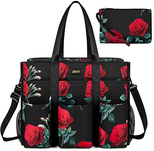 IBFUN Women - Utility Tote Bag with 24 Pockets and Laptop Compartment, Work Tote for Women - color: C4-l-black/Flower, size: Large