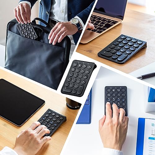 SANWA Bluetooth Numeric Keypad, Rechargeable Wireless Ten Key Number Pad, 22-Key Portable & Slim Financial Accounting Numpad for Laptop Computer, Compatible with MacBook, Windows, Android, iOS, Black