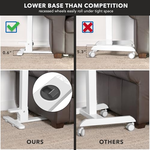 Mount-It! Overbed Table with Wheels, Folding Adjustable Height White | Foldable Bedside Tray Table on Wheels, No-Assembly Over Bed Laptop Desk, Folds Flat for Storage, Ultra-Low Base - color: White