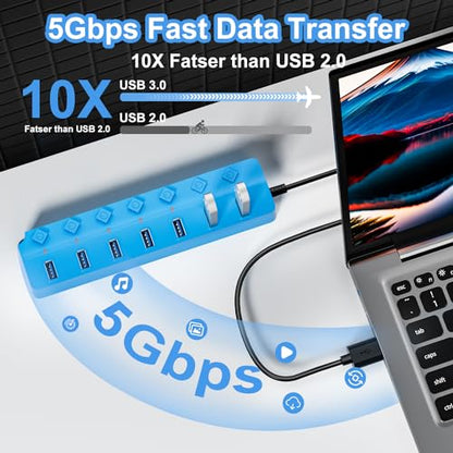 USB Hub 7 Port, USB Splitter with Individual On/Off Switches and Lights | USB 3.0 Hub with 3.3ft Cable, Extender for A Port Laptop, PC, Desktop-Blue - color: Blue