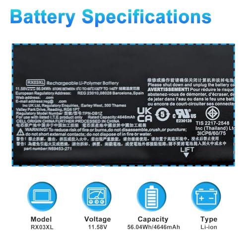 56.04Wh RX03XL N69453-271 Laptop Battery Replacement for HP EliteBook 630 640 645 660 G11 ProBook 440 445 460 465 G11 Series RX03048XL HSTNN-WB0H N69452-171 N70706-005 N69453-CF1 TPN-IB1C - size: 9.84*3.54*0.28inch RX03XL