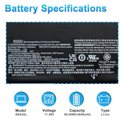 56.04Wh RX03XL N69453-271 Laptop Battery Replacement for HP EliteBook 630 640 645 660 G11 ProBook 440 445 460 465 G11 Series RX03048XL HSTNN-WB0H N69452-171 N70706-005 N69453-CF1 TPN-IB1C - size: 9.84*3.54*0.28inch RX03XL