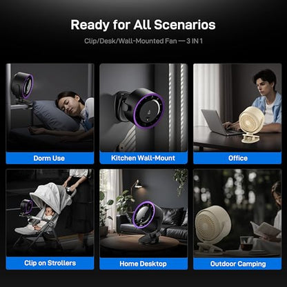 Space Player USB Clip on Fan, Portable Rechargeable Desk Fan with 100 Speeds, Quiet Turbo Airflow, 360° Rotation Small Table Fan for Bedroom, Home Office, Travel, Camping - Gray