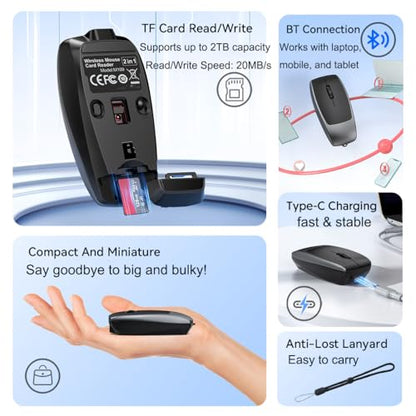 Wireless Mouse Mini Small Finger Bluetooth Mouse with TF Card Reader,Silent Pocket Portable Handheld Tiny Compact USB Travel Optical Mice for PC Laptop Computer Macbook Tablet Kids Women Men Gift - color: Black