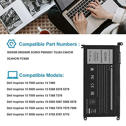 Fancy Buying 42Wh WDX0R Laptop Battery for dell Inspiron 15 5565 5567 5568 5578 7560 7570 7579 7569, 13 5368 5378 5379 7368 7378, 17 5000 5765 5767 5770, 14 7460 Fits 3CRH3 T2JX4 FC92N CYMGM - size: 11.13*2.15*0.77inch