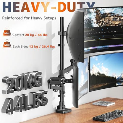 Triple Monitor Mount up to 49 inches, Fully Adjustable Heavy Duty 3 Monitor Arm with Gas Spring, Desk Mount for 3 Screens, C-Clamp & Grommet Base, Holds 44 lbs, Black