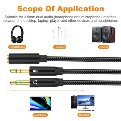 Headphone Splitter Mic Cable, 3.5mm Female to Dual Male Audio Stereo Y Splitter Compatible with HyperX Cloud II/Cloud Alpha/Cloud Flight/Cloud Silver, Astro A10 A40 for PC, Laptop, Desktop