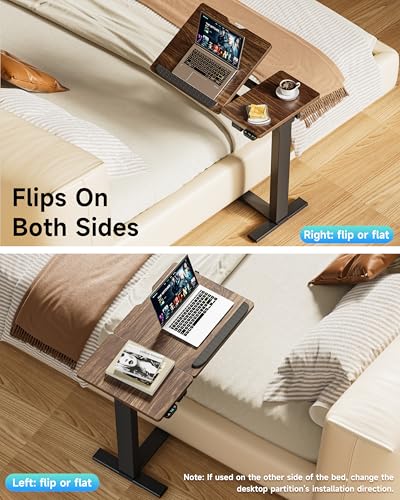 BIZUM Small Electric Standing Desk, Overbed Table Wireless Tilt Top with Hidden Wheels, 27.6×15.8 Inch Adjustable Rolling Laptop Desk, USB-C Rechargeable Battery, Walnut - color: Walnut