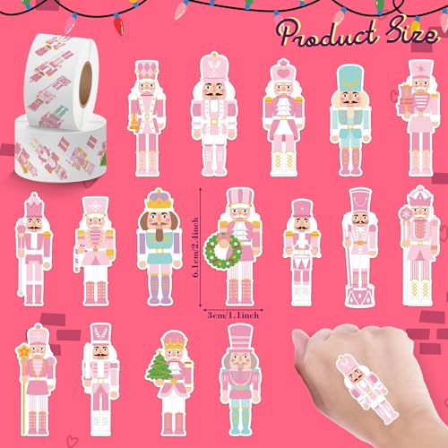 CNhoqc Christmas Nutcracker Sticker Rolls, 1000Pcs Pink Nutcracher Stickers | Self Adhesive, Waterproof Vinyl, Water Bottles Laptop, Christmas Birthday Party Favor, Stocking Stuffers, Greeting Card Makin - style: Christmas Nutcracker