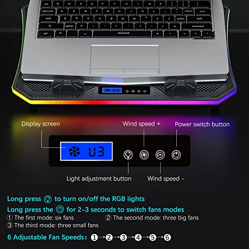 TopMate C12 Laptop Cooling Pad RGB Gaming Notebook Cooler for Desk and Lap Use, Laptop Fan Stand 8 Adjustable Heights with 6 Quiet Fans and Phone Holder, for 15.6-17.3 Inch Laptops-Ice Blue LED Light