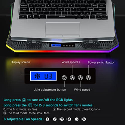 TopMate C12 Laptop Cooling Pad RGB Gaming Notebook Cooler for Desk and Lap Use, Laptop Fan Stand 8 Adjustable Heights with 6 Quiet Fans and Phone Holder, for 15.6-17.3 Inch Laptops-Ice Blue LED Light