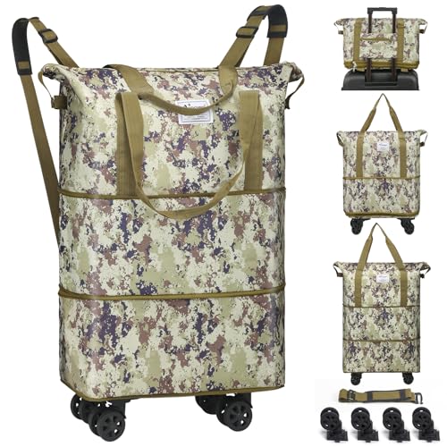 VOOWO Duffel Bag with Wheels - Rolling Foldable Expandable Duffle Bag with Wheels for Travel, Rolling Luggage Carry On Bag with Wheels, Large Rolling Backpack Weekend Bags for Men Women (Camouflage) - color: Camouflage