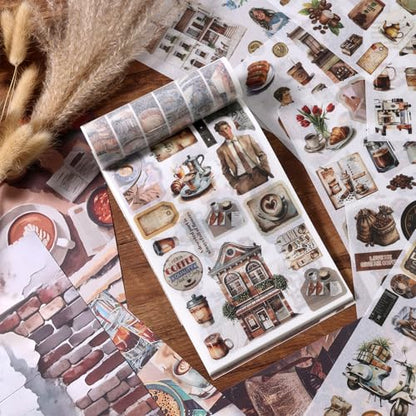 Scrapbooking Stickers - 500 Pre-Cut Washi Stickers & 20 Scrapbook Papers Coffee and People Sticker Books for journaling Scrapbooking Supplies - color: Coffee