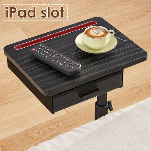 TV Tray with Drawer & Device Slot, Swivel Height Adjustable bedside table, Sofa Side Table for Eating, C Shaped Couch Table for Living Room & Bedroom, Portable Snack End Table for Couch & Bed, Black