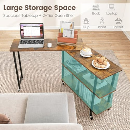Giantex 360° Free Rotating Sofa Side Table, Mobile L-Shaped Laptop Desk with Sturdy Metal Frame, 6 Universal Casters, Movable Couch Snack Table with 2-Tier Storage Shelf for Home (Brown) - color: Brown