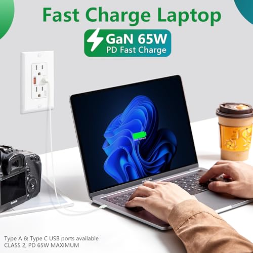 PD 65W GaN USB C Wall Outlet, 15 Amp Tamper-Resistant Receptacle with 65W Power Delivery & 18W QC 3.0, in-Wall Charger Compatible with Laptops, Tablets and Smartphones, UL Listed, White