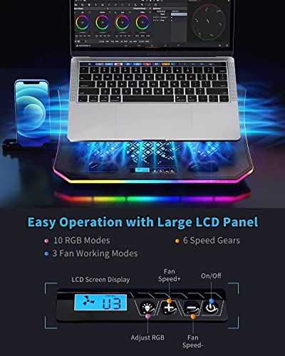KeiBn Upgarde Laptop Cooling Pad, RGB Lights Laptop Cooler 6 Fans for 15.6-17.3 Inch Laptops, 7 Height Stands, 10 Modes Light, 2 USB Ports, Desk or Lap Use (A8,Blue) - size: A8-Blue