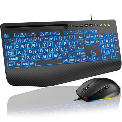 SABLUTE KM21Pro Wired Keyboard and Mouse Combo, 4X Larger Print Backlit Keys, Palm Rest, Ergonomic Design, USB Plug & Play for Windows PC Laptop, Ideal for Seniors, Students, Home & Office