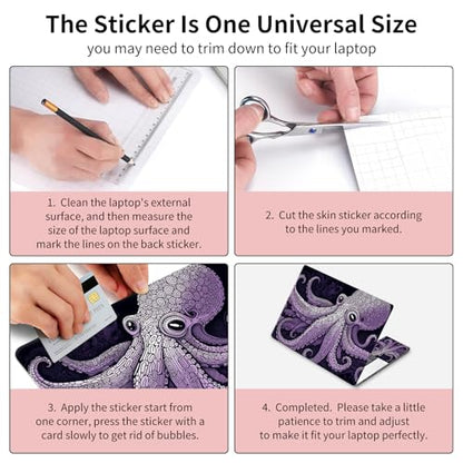 Laptop Skin Sticker 3-Piece Set,Purple Octopus | Trim-to-fit 3-piece vinyl set with one 15 x 10.6 in lid skin and two palm-rest decals for many 12-15.6 in laptops - color: Purple Octopus