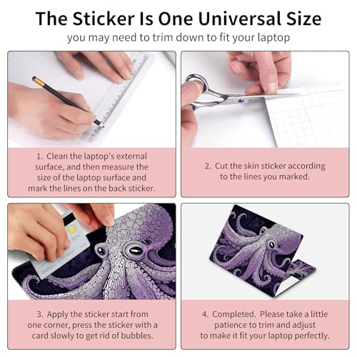 Laptop Skin Sticker 3-Piece Set,Purple Octopus | Trim-to-fit 3-piece vinyl set with one 15 x 10.6 in lid skin and two palm-rest decals for many 12-15.6 in laptops - color: Purple Octopus