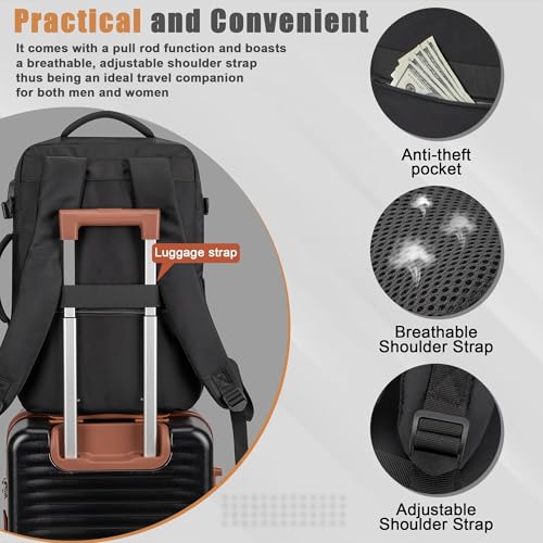 40L Travel Backpack, Flight Approved Carry On Laptop Backpack | Water-resistant, Personal Item Travel Bag, Fits 15.6/17.3 inch Laptop, Hiking, Camping, Business, Commute, Men & Women - color: Black, size: Large