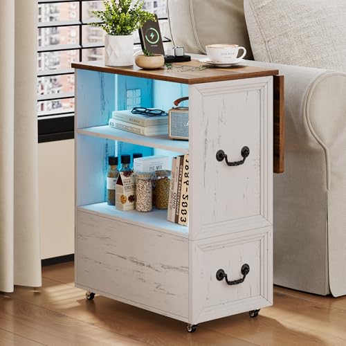 Lareth Rolling Side Table with Wheels, Led Lights & Charging Station | Foldable Desktop Narrow End Table, 1 Drawer, 2 Bookshleves, 27.56"H Tall Nightstan, Small Space, Living Room, Antique White - color: B Antique White