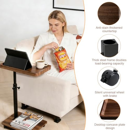 Adjustable Height C Table Side Table with Wheels, 360°Swivel C-Shaped Snack Table with Storage Shelf for Small Spaces, Couch Tray Table, Wood Overbed Sofa Table for Couch Bed Work Eating