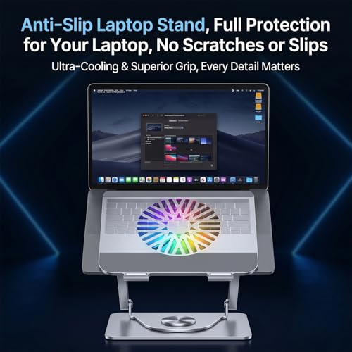 RGB Cooling Laptop Stand with 360° Rotating Base, Adjustable Foldable Laptop Riser, Ultra Quiet Fan for Heat Dissipation, Ergonomic Height Angle Laptop Stand Fit 10-17.3" Laptops/Tablets (Silver)