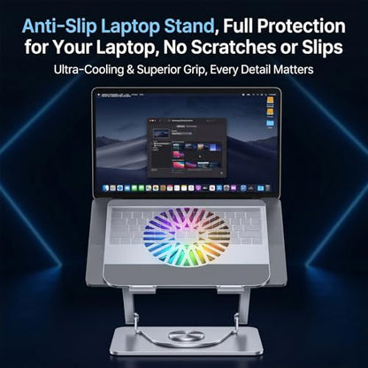RGB Cooling Laptop Stand with 360° Rotating Base, Adjustable Foldable Laptop Riser, Ultra Quiet Fan for Heat Dissipation, Ergonomic Height Angle Laptop Stand Fit 10-17.3" Laptops/Tablets (Silver)