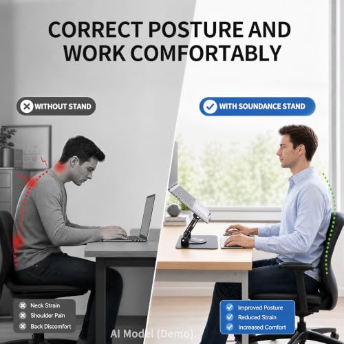 SOUNDANCE 360 Rotating Laptop Stand, Ergonomic Computer Riser for Desk, Adjustable Height Multi-Angle Metal Holder, Foldable Portable Notebook Elevating Base for Office & Home, Black - color: Black