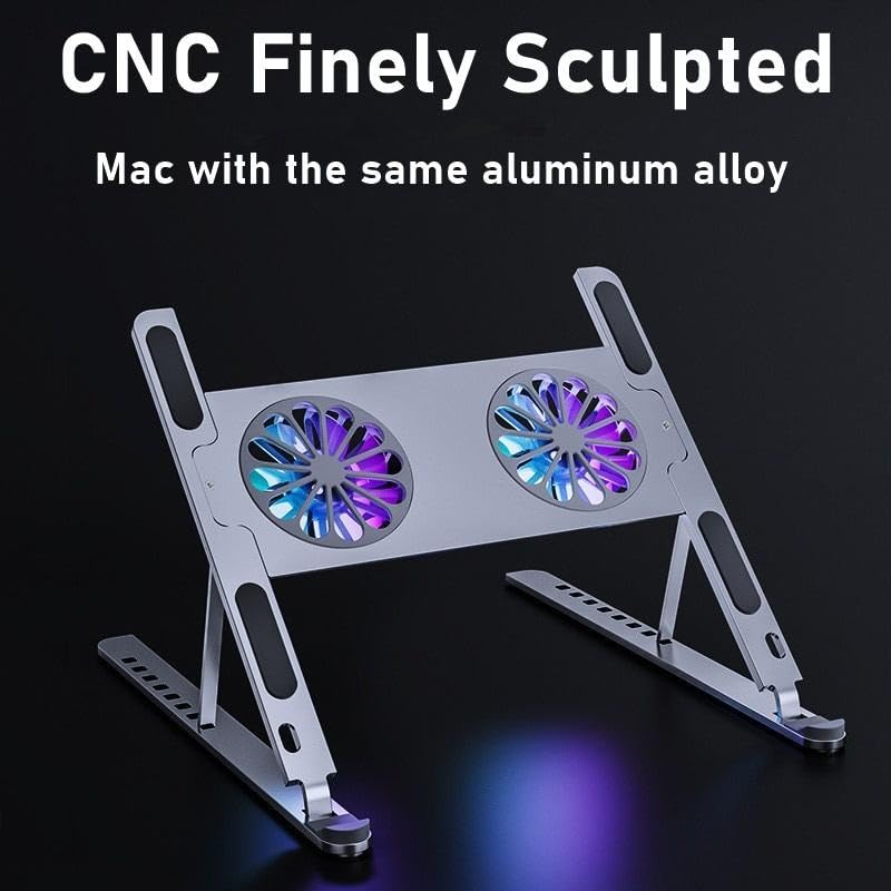 Adjustable Laptop Cooling Pad with Dual RGB LED Fans, Silver Aluminum Stand, USB Powered, Height Adjustable Ergonomic Design