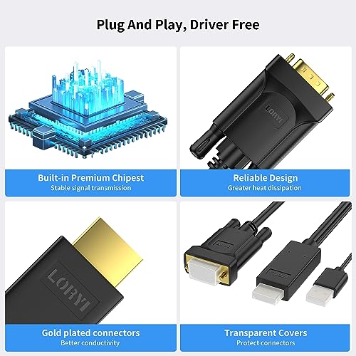 HDMI to VGA Cable 6FT, Uni-Directional HDMI to VGA Cable with USB Power(Male to Male), Compatible for Mac mini, MacBook Pro, Blu-ray Player, Computer, Desktop, Laptop, PC, Monitor, Projector, HDTV