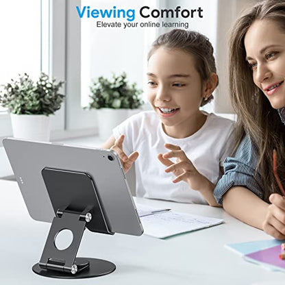 OMOTON Swivel Tablet Stand for iPad with 360 Rotating Base, Foldable Adjustable Holder for Drawing, Compatible with iPad Pro/Air/Mini and More, Black Gray | Aluminum Foldable Mount with Rotating Base, Desk Kitchen Drawing Travel, Fits iPad Pro/Air Samsung