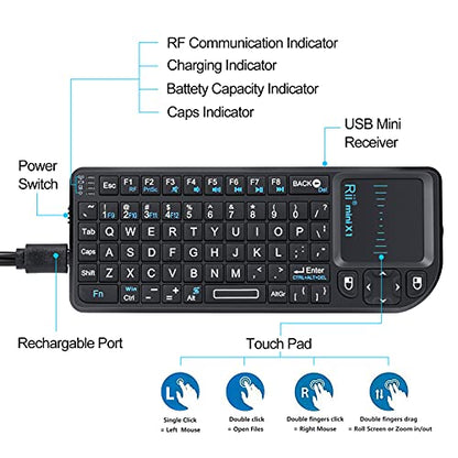 Rii 2.4G Mini Wireless Keyboard with Touchpad Mouse,Lightweight Portable Controller with USB Receiver Remote Control for Windows/Mac/Android/PC/Tablets/TV/Xbox/ PS3. X1-Black