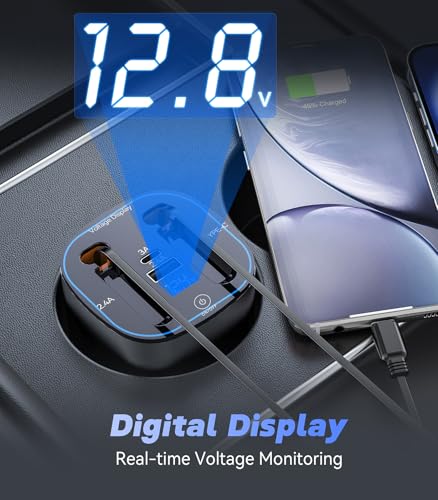 120W 4-in-1 Fast Car Charger - Retractable Cable Station with Digital Display, 100W Type-C & Lightning Coils, Universal for All 12V-24V Cigarette Lighter Vehicles