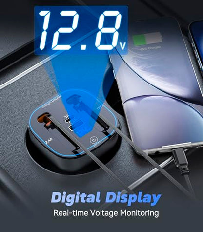 120W 4-in-1 Fast Car Charger - Retractable Cable Station with Digital Display, 100W Type-C & Lightning Coils, Universal for All 12V-24V Cigarette Lighter Vehicles