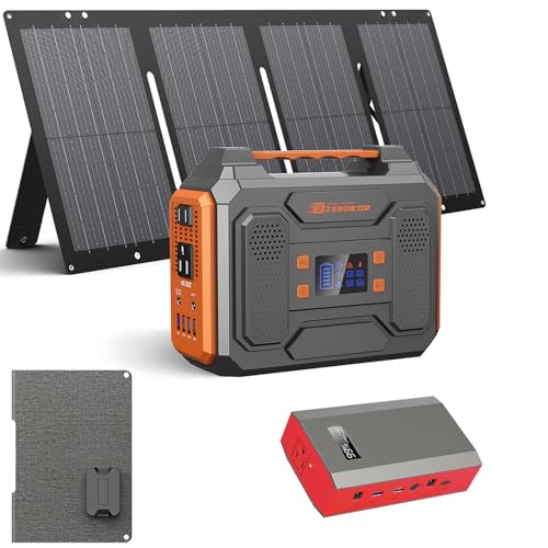 300 W Portable Solar Power Station Generator with Foldable 60W Solar Panel Charger, 110V Solar Power Bank with AC Outlet for Laptop Smart Devices Camping RV Home VanLife Outdoor Power Outage