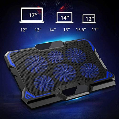 Laptop Cooling Pad, 6 Quiet Fans Up to 12"-17" Gaming Cooler Pad 6 Angle Adjustable Laptop Cooling Fan Stand,Blue LED Lights 2 USB Ports