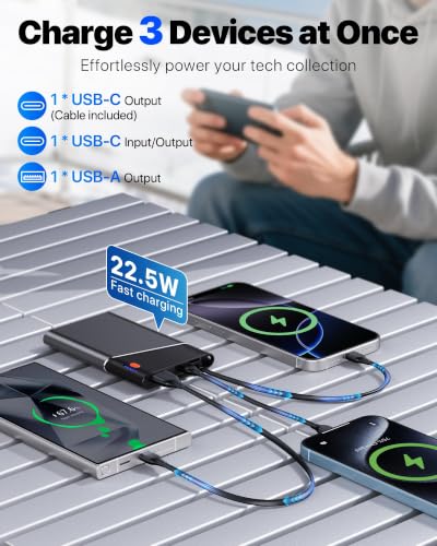 Aaoyun 10000mAh Portable Power Bank, 22.5W PD Fast Charging Battery Pack with Built-in USB-C Cable, Ultra-Slim External Phone Charger for iPhone 17/16/15, Samsung Galaxy S24, Android (Grey) - color: Grey-10000mah